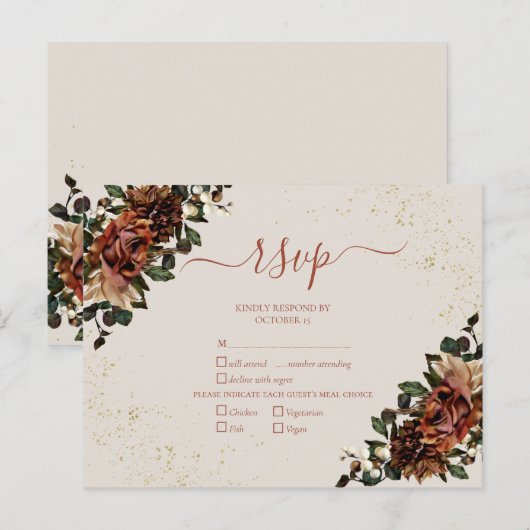 Boho Terracotta Greenery Floral Gold RSVP Uitnodiging Briefkaart (Voorkant / Achterkant)