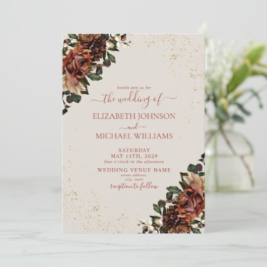 Boho Terracotta Greenery Floral Wedding Kaart (Staand voorkant)