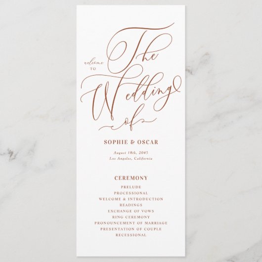 Boho terracotta grillige kalligrafie bruiloft programmakaart (Voorkant)