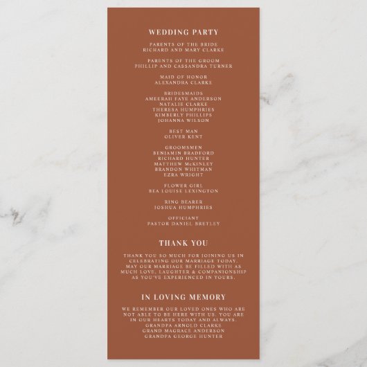 Boho terracotta grillige kalligrafie bruiloft programmakaart (Achterkant)