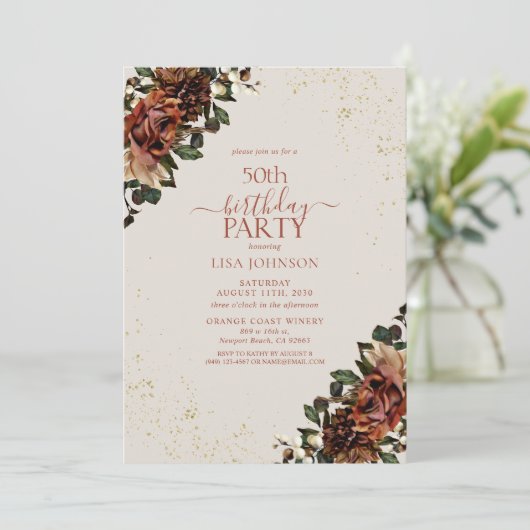 Boho terracotta groen bloemen 50e verjaardag kaart (Staand voorkant)