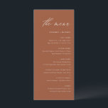 Boho Terracotta Handwrite Calligraphy Wedding Menu<br><div class="desc">Voeg een elegant accent aan uw gebeurtenislijst met deze klantgerichte menukaart toe. Het kenmerkt een grillig manuscript en een eenvoudige typografie. Pas deze boho menukaart aan door uw eigen details toe te voegen. Deze terracotta en witte menukaart is perfect voor bruiloften,  vrijgezellenfeesten,  baby showers,  en nog veel meer.</div>