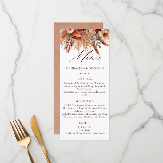 Boho Terracotta Herfst Bloemen Gedroogd Pampas Gra Menu (Voorkant / Achterkant in situ)
