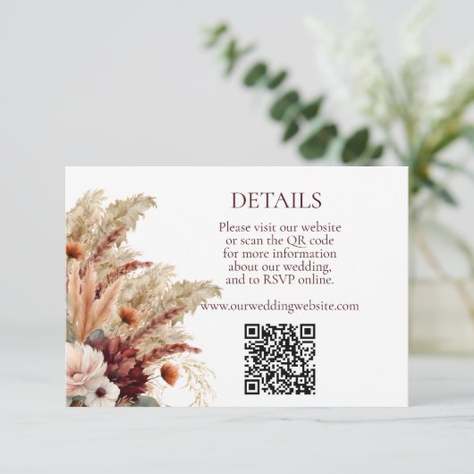 Boho Terracotta Herfst Bloemen Pampas Grass Detail Informatiekaartje (Staand voorkant)