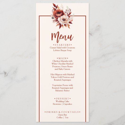 Boho Terracotta Herfst Diner Bloemen Boeket Bruilo Menu (Voorkant)