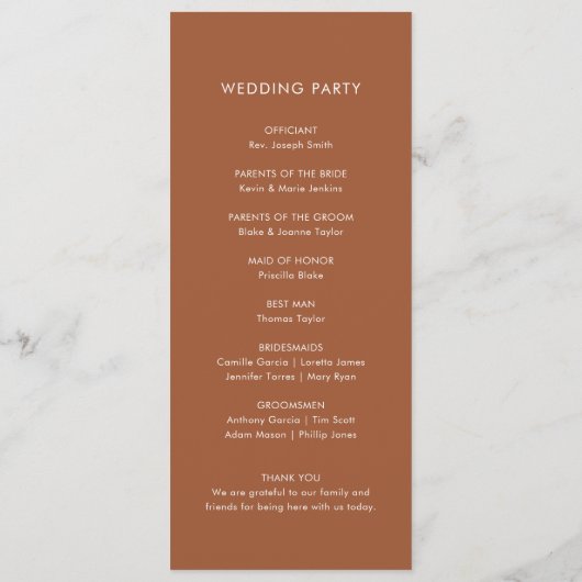Boho Terracotta Huwelijksprogramma Programmakaart (Achterkant)