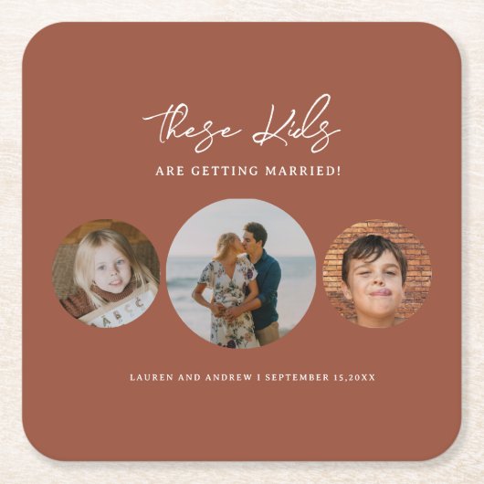 Boho Terracotta Kinder Foto Wedding Save the Date Kartonnen Onderzetters (Voorkant)