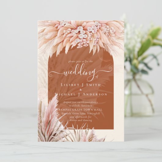 Boho Terracotta Koraal Pampagras Bruiloft Kaart (Staand voorkant)
