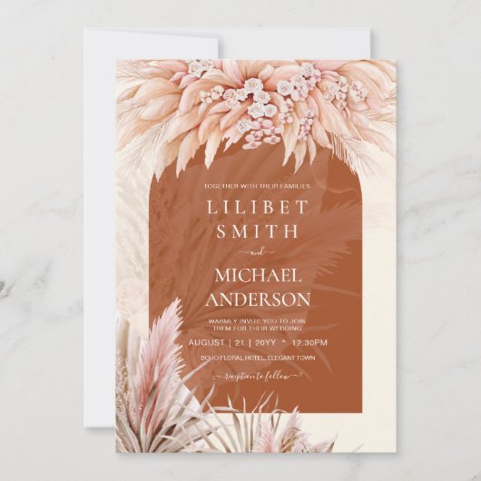 Boho Terracotta Koraal Pampasgras Bruiloft (Voorkant)