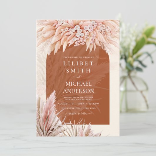 Boho Terracotta Koraal Pampasgras Bruiloft (Staand voorkant)