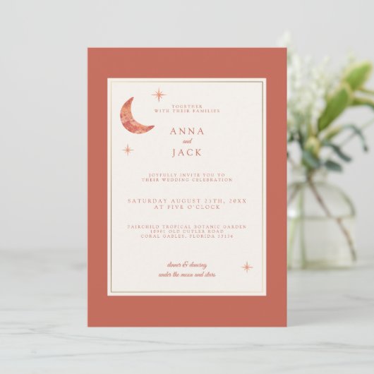 Boho Terracotta Maan Sterren Uitnodiging voor het  (Staand voorkant)