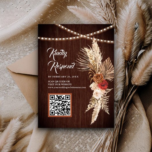 Boho Terracotta Maroon Bloem QR Code RSVP Trouwen Informatiekaartje
