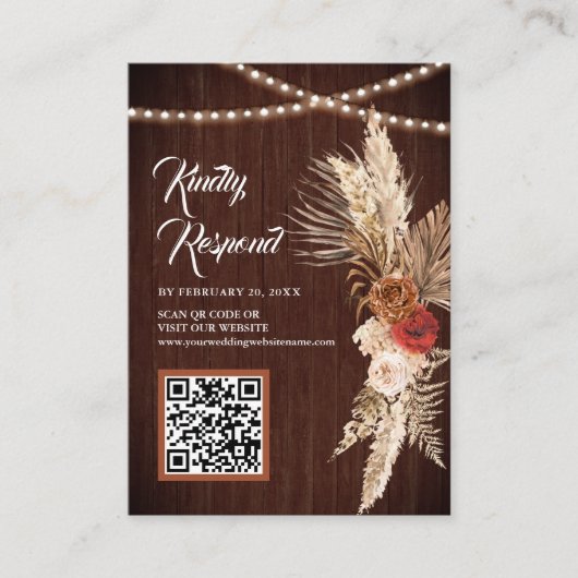 Boho Terracotta Maroon Floral QR Code RSVP Weddens Informatiekaartje (Voorkant)