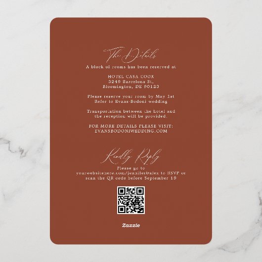Boho Terracotta met RSVP QR Code Weddenschap Folie Uitnodiging (Achterkant)
