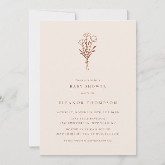 Boho Terracotta Minimalist Floral Baby shower Kaart (Voorkant)