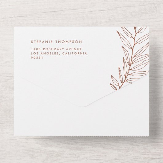 Boho terracotta minimalistisch gebladerte bruiloft all in one uitnodiging (Achterkant)