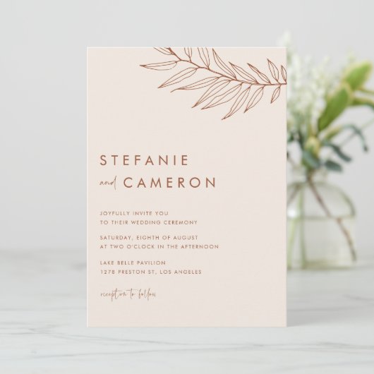 Boho terracotta minimalistisch gebladerte bruiloft kaart (Staand voorkant)