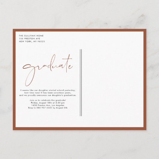 Boho Terracotta Minimalistische boog Foto Afstuder Aankondigingskaart (Achterkant)