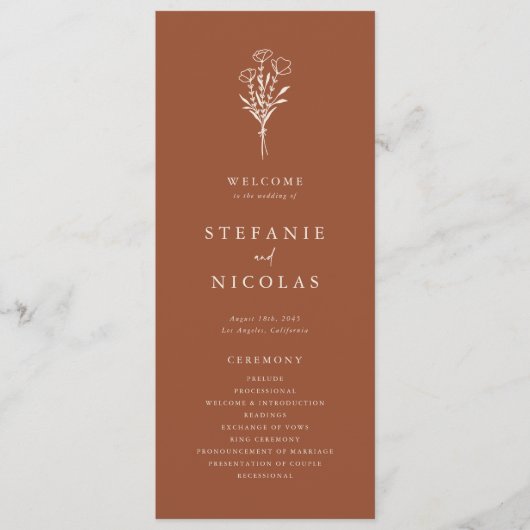 Boho Terracotta Minimalistische Botanicals Bruilof Programmakaart (Voorkant)