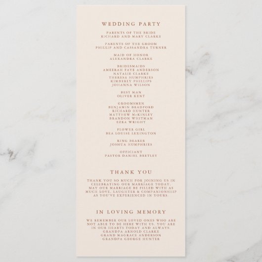 Boho Terracotta Minimalistische Botanicals Bruilof Programmakaart (Achterkant)