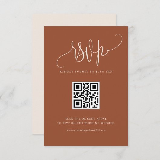 Boho Terracotta Modern Calligraphy Wedding QR Code RSVP Kaartje (Voorkant / Achterkant)