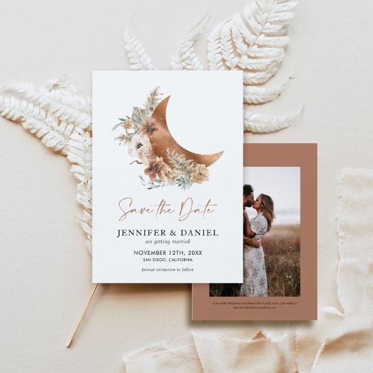 Boho Terracotta Moon Photo Save the Date Kaart