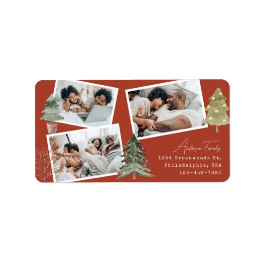 Boho Terracotta Multiphoto Kerstmis dennenboom Etiket (Voorkant)