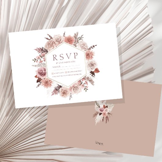 Boho Terracotta Neutral Floral Wreath Wedding RSVP Kaartje