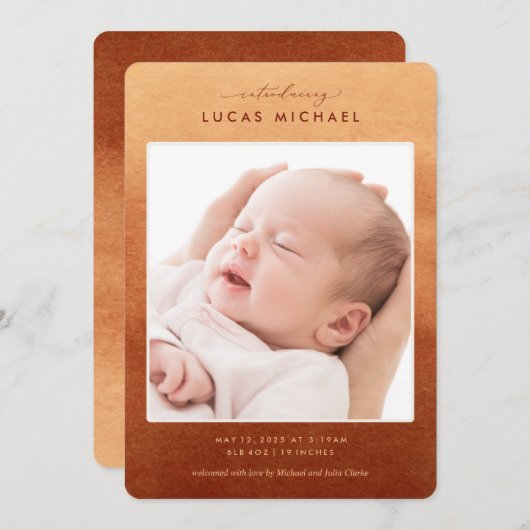 Boho Terracotta Ombre Foto Geboortedatum Aankondig Kaart (Voorkant / Achterkant)