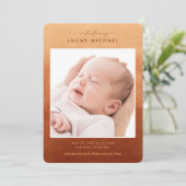 Boho Terracotta Ombre Foto Geboortedatum Aankondig Kaart (Staand voorkant)