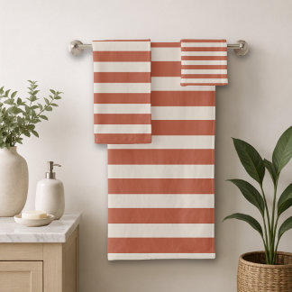Boho Terracotta Oranje en Zand Cabana Streep Bad Handdoek