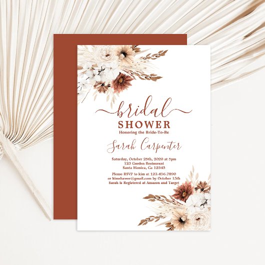 Boho Terracotta pampas Bridal Shower Invitation Kaart