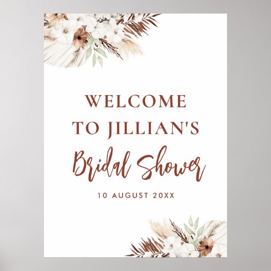 boho terracotta pampas bruiloft feest welkom bord poster (Voorkant)