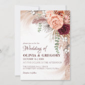 Boho Terracotta Pampas Floral Burgundy Wedding Kaart (Voorkant)