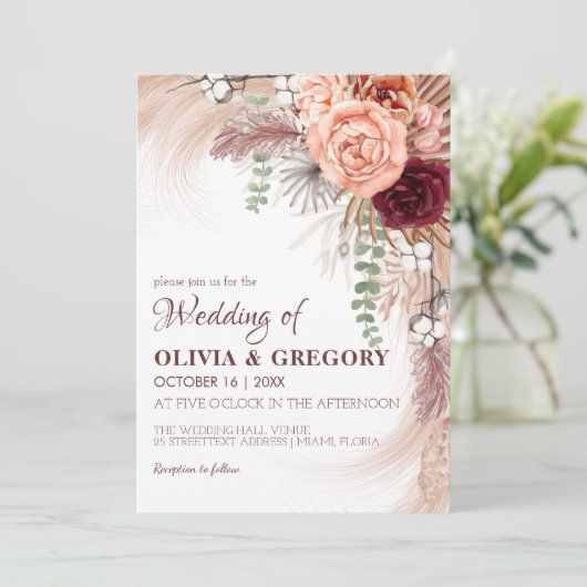 Boho Terracotta Pampas Floral Burgundy Wedding Kaart (Staand voorkant)