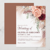 Boho Terracotta Pampas Floral Burgundy Wedding Kaart (Voorkant / Achterkant)