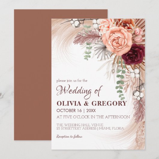 Boho Terracotta Pampas Floral Burgundy Wedding Kaart (Voorkant / Achterkant)
