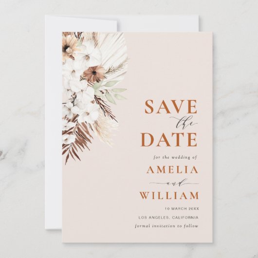 boho terracotta pampas floral Save the Date (Voorkant)