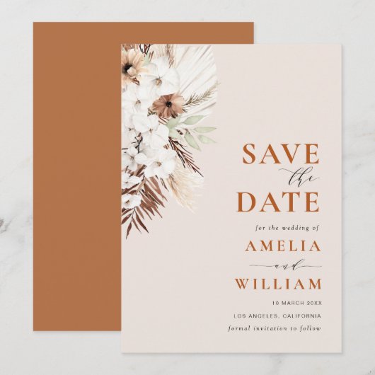 boho terracotta pampas floral Save the Date (Voorkant / Achterkant)