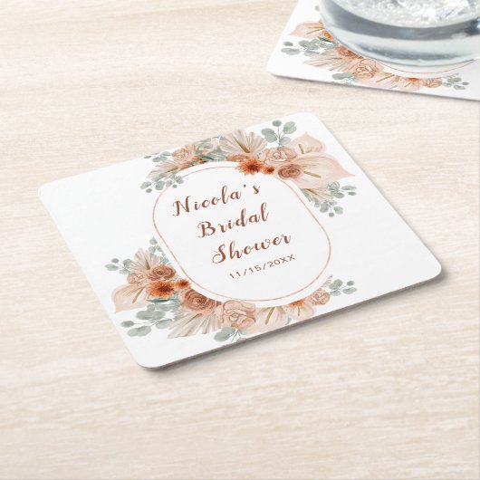 Boho Terracotta Pampas Gras Bruiloftsfeest Kartonnen Onderzetters (Schuin)