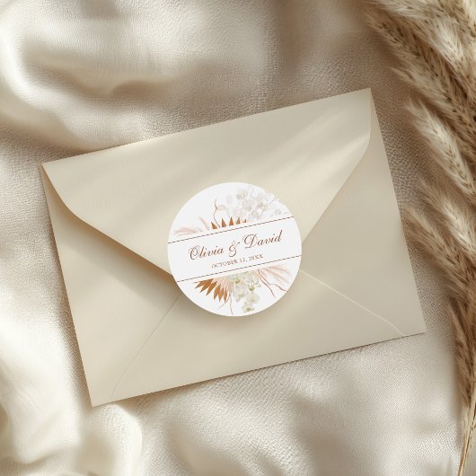 Boho Terracotta Pampas Gras Orchidee Huwelijk Ronde Sticker