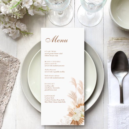 Boho Terracotta Pampas Gras Orchidee Huwelijksmenu Menu