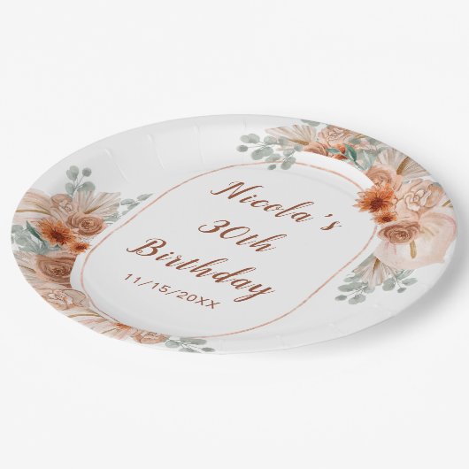 Boho Terracotta Pampas Gras Verjaardag Papieren Bordje (Gekanteld)