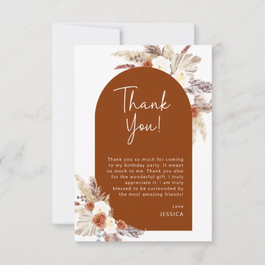 Boho Terracotta Pampas Gras Verjaardagsfeest Bedankkaart (Voorkant)