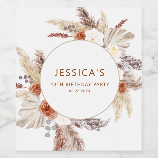 Boho Terracotta Pampas Gras Verjaardagsfeest Wijn Etiket (Enkel label)