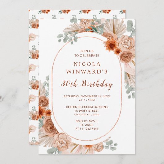 Boho Terracotta Pampas Gras Verjaardagsfeestje Kaart (Voorkant / Achterkant)