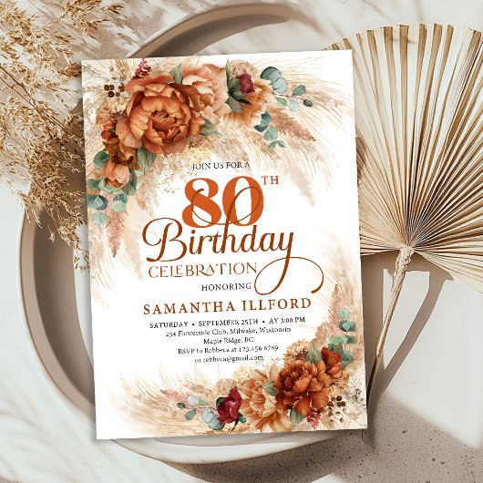 Boho terracotta pampas grass 80th Birthday invite Kaart