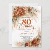 Boho terracotta pampas grass 80th Birthday invite Kaart (Voorkant)