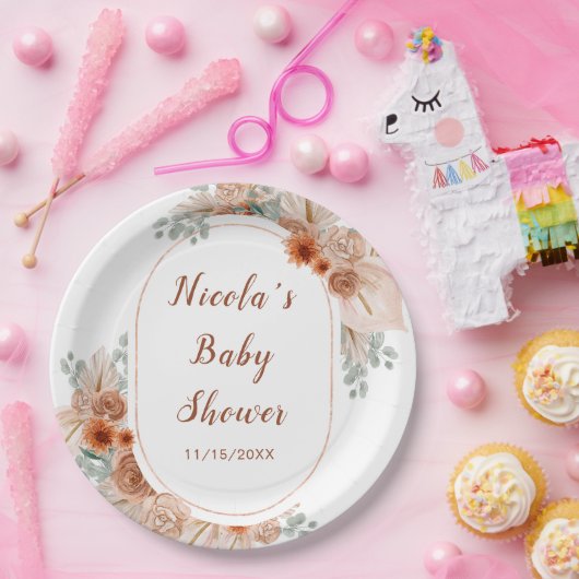 Boho Terracotta Pampas Grass Baby shower Papieren Bordje (Feest)