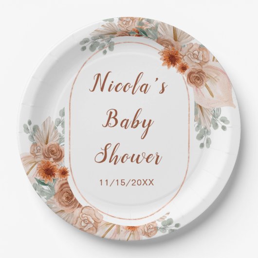 Boho Terracotta Pampas Grass Baby shower Papieren Bordje (Voorkant)